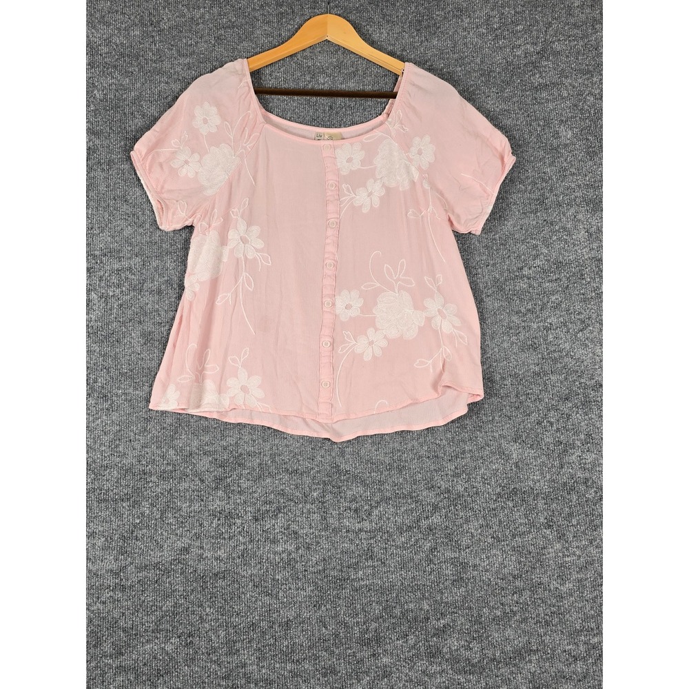 Liv Los Angeles rayon blend Pink Floral Embroidered Button Front Top Womens Sz L